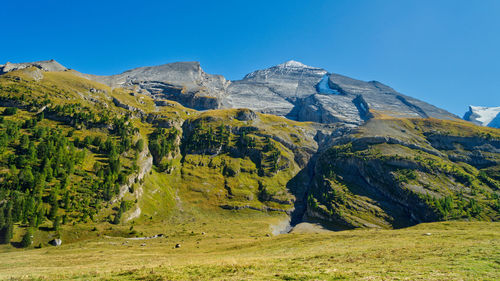 Scenic view of mountains against clear blue sky