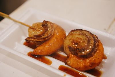 High angle view of food in plate on table