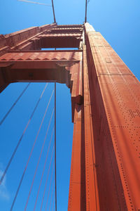 Low angle view of golden gate bridge against blue sky