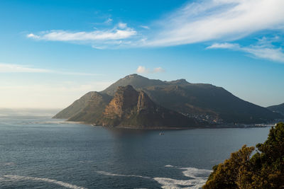 Scenic view of sea and mountains against sky