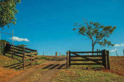 Wooden farm gate and cattle guard in the middle of barbed wire fence, near pardinho. brasil.