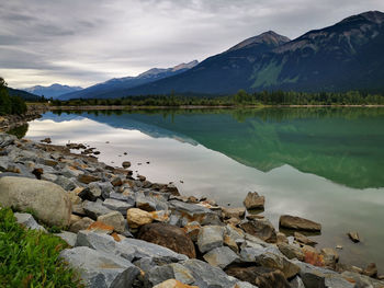 Scenic view of lake and mountains against sky