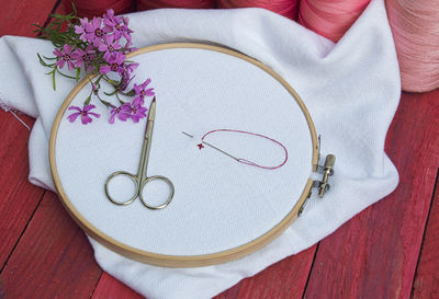 High angle view of sewing items on wooden table