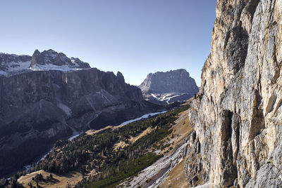 Panoramic view of mountain range against clear sky