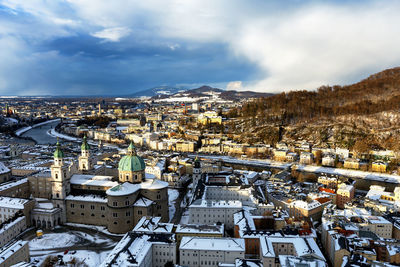 High angle view of buildings in city