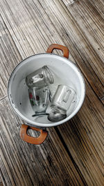 High angle view of wine glasses on table