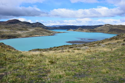 Scenic view of lake amidst field against sky