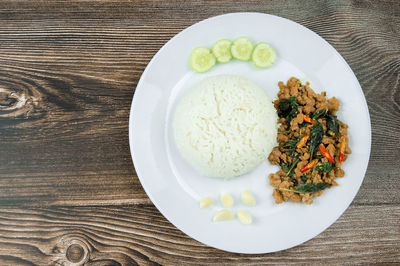 High angle view of breakfast served on table