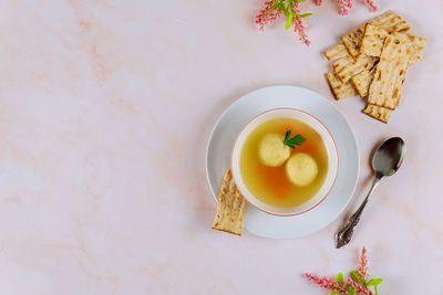 High angle view of soup in bowl on table