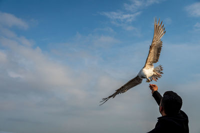 Rear view of man flying against sky