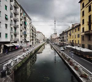 Reflection of buildings in canal on city street