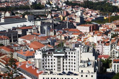 High angle view of houses in town