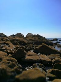 Surface level of pebble beach against clear blue sky