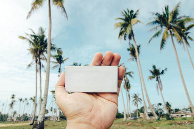 Cropped hand of man holding white box against sky