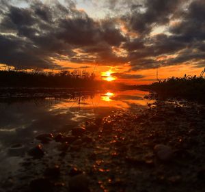 Scenic view of lake against sky during sunset