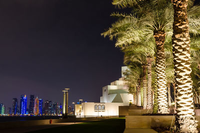 Museum of islamic art against modern buildings in city at night
