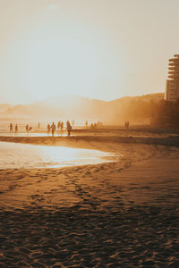 People on beach against clear sky