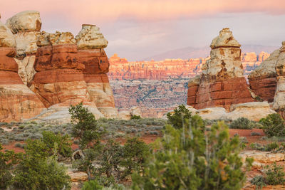 Sunset looking from the doll house to the needles in canyonlands utah