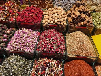 High angle view of spices for sale in market