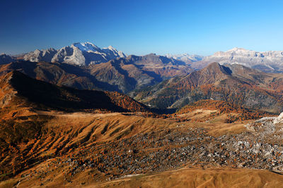 Scenic view of snowcapped mountains against clear blue sky