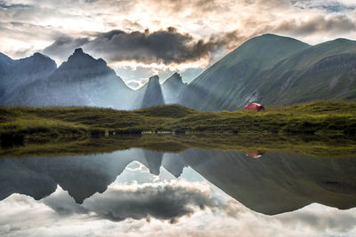 Scenic view of lake and mountains against sky