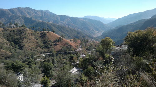 High angle view of valley and mountains against sky