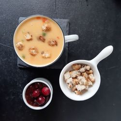 High angle view of breakfast served on table