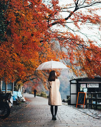 Rear view full length of woman with umbrella walking on footpath during autumn