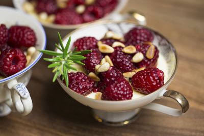 Close-up of strawberries in bowl on table