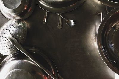 High angle view of various utensils in kitchen