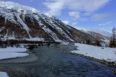 Scenic view of snowcapped mountains against sky