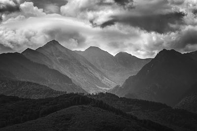 Scenic view of mountains against cloudy sky