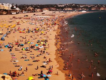 High angle view of crowd on beach