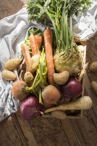 High angle view of vegetables on table