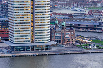 Aerial view of hotel new york, the world port center and vicinity