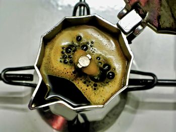 High angle view of coffee cup on table