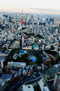 High angle view of buildings in city against sky