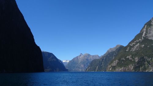 Scenic view of sea and mountains against blue sky