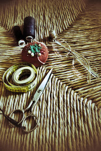 High angle view of wicker basket on table