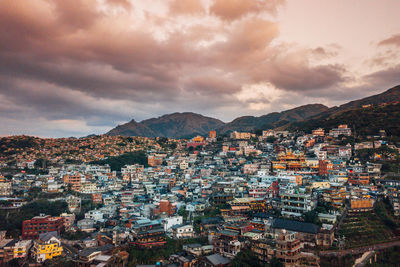 High angle view of townscape against sky during sunset