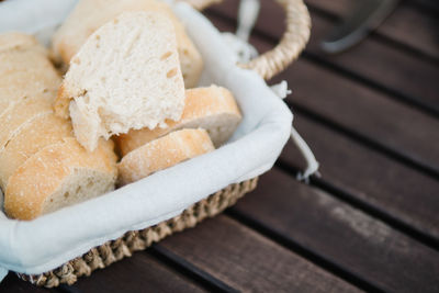 High angle view of bread in basket on table