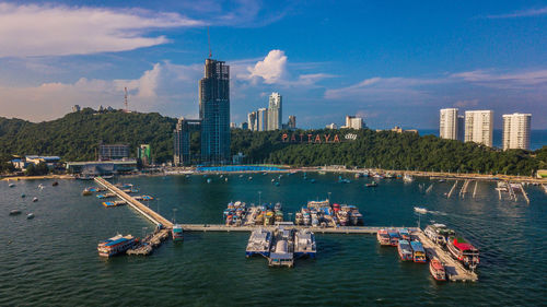 Scenic view of sea and buildings against sky