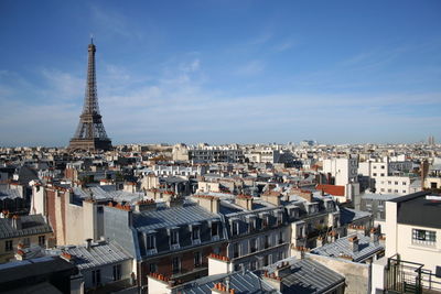 Eiffel tower amidst cityscape against sky