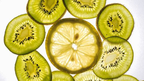 Directly above shot of oranges against white background