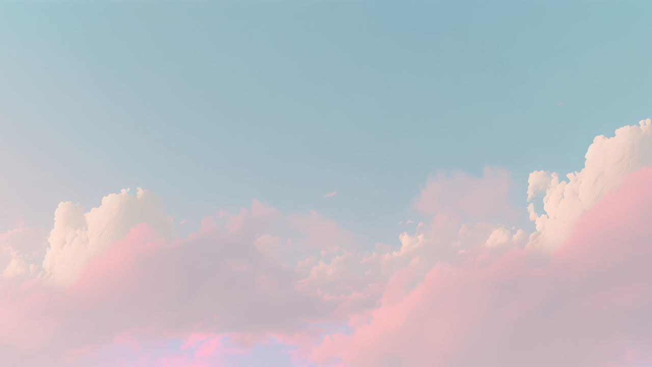 sky, cloud, beauty in nature, nature, pink, no people, cloudscape, idyllic, blue, scenics - nature, tranquility, dramatic sky, environment, copy space, outdoors, backgrounds, sunlight, sunset, day, atmosphere, tranquil scene, light - natural phenomenon, vibrant color, low angle view, panoramic, fluffy, wind
