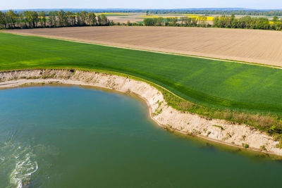 Aerial view of the erosion and steep banks on the the drava river, croatia