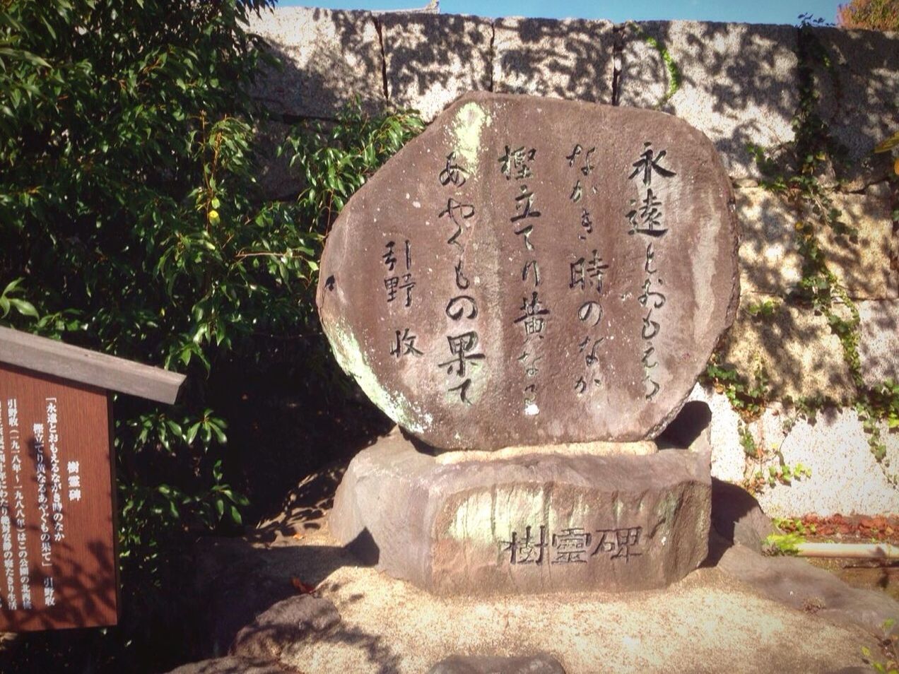 text, western script, communication, close-up, non-western script, stone, old, human representation, day, capital letter, cemetery, stone - object, no people, outdoors, stone material, information sign, number, rock - object, art, tree