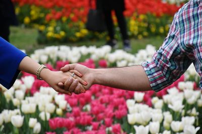 Cropped hands of couple holding hands at park