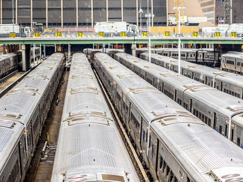 High angle view of train at railroad station