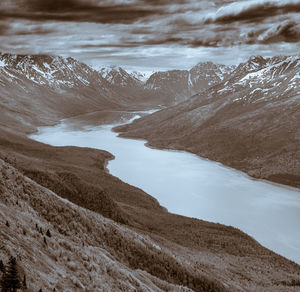 Scenic view of lake and mountains against sky